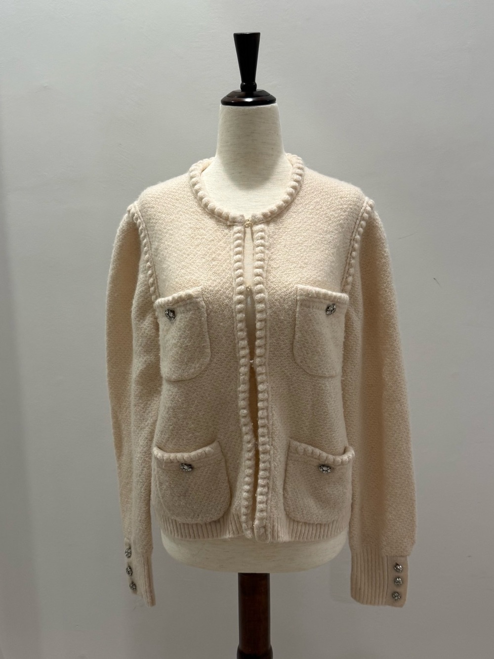 J. Crew Cream Bouclé Knit Cardigan with jeweled cuffs